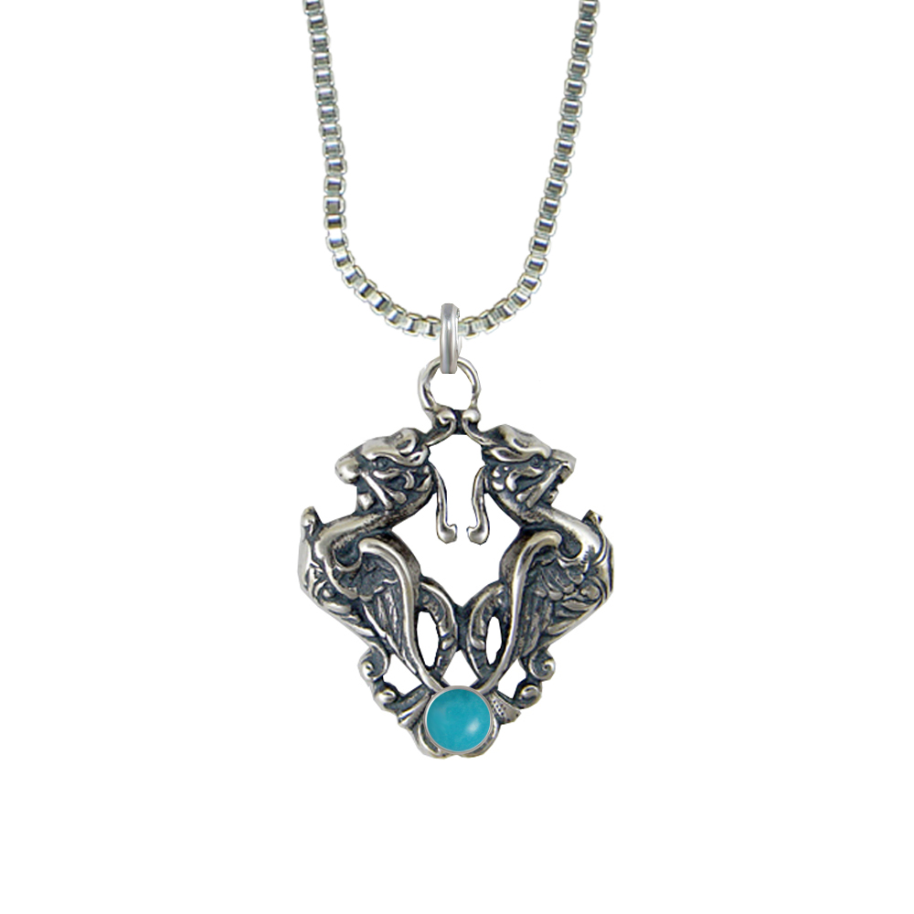 Sterling Silver Double Phoenix Crest Pendant With Turquoise